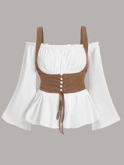 Sweetra Blusa cruzada de talla grande con panel de contraste de hombros al descubierto y cintura ajustada con lazo