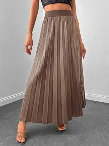 EURMUSE Solid Pleated Flare Skirt - Chocolate Brown - View 5