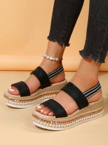 Sandalias de diosa con plataforma negra, zapatos romanos de cuña versátiles con correas cruzadas y tacón alto, para primavera/verano - Negro - Ver 2