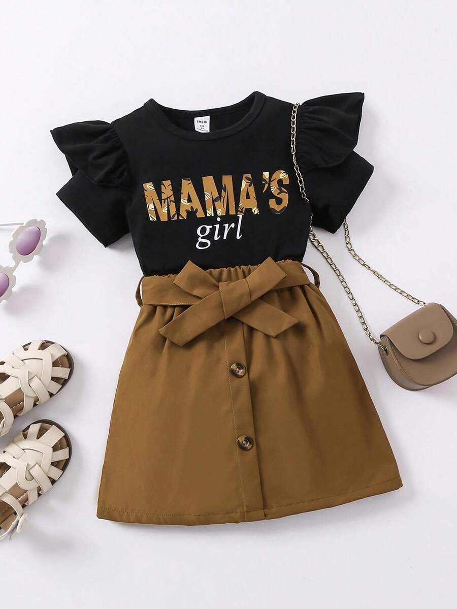SHEIN Young Girls' Slogan Printed Tee With Ruffle Trim And Belted Skirt Two-Piece Set - Black - View 1