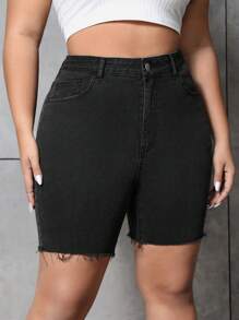 SHEIN EZwear 女士大尺碼純色繡邊窄褲短褲 - 黑色 - 查看 5