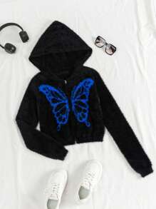 SHEIN EZwear Cardigan din lână cu glugă, cu fermoar, cu model de fluturi