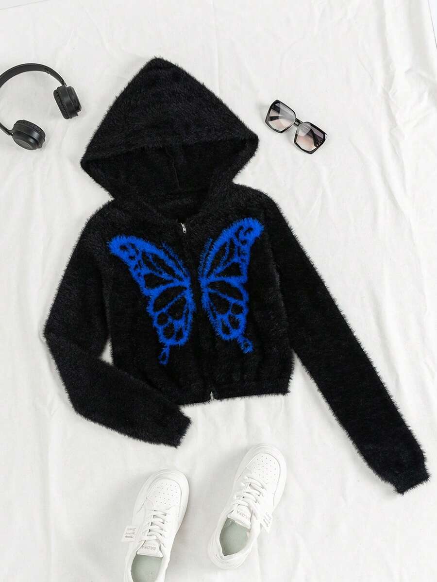 SHEIN EZwear Cardigan din lână cu glugă, cu fermoar, cu model de fluturi