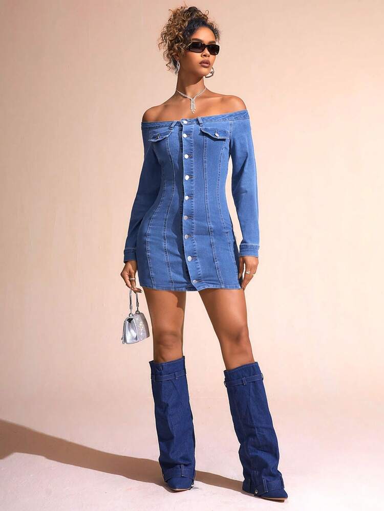 Off-Shoulder Long Sleeve Denim Dress