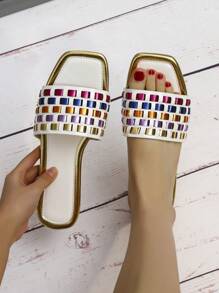 Women's Outdoor Flat Sandals Summer New Weave Slouchy Slippers With Square Toe - White - View 1