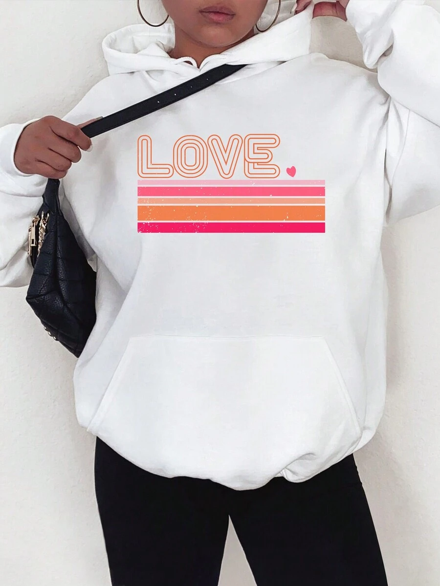 SHEIN EZwear Women's Hoodie With Heart And Letter Print - White - View 1