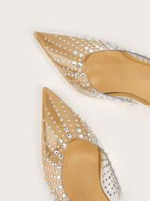 Women Rhinestone Decor Point Toe Stiletto Heeled Pumps, Glamorous PVC Slingback Pumps For Party - Apricot - View 5