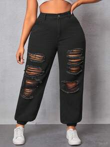 SHEIN Plus Size Solid Color Distressed Jeans - Black - View 6