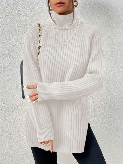 EURMUSE Turtleneck Raglan Sleeve Split Hem Sweater