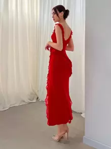 Aloruh Slit Front Valentine's Day Dress With Frill Trim