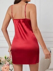 女士蕾絲拼接背心連衣裙睡衣 - 紅色 - 查看 2