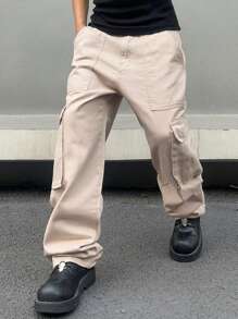 Manfinity Roghcode Men's Solid Color Cargo Jeans Oversize Long Washed Jean Plain Khaki Party Street Wear Rapper, Khaki Cargo Pants, Baggy Cargo Pants, Cargo Pants, Men Cargo Pants, Men Khaki Pants - Khaki - View 4