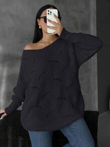 SHEIN Cottnline 大尺碼純色鬆身放肩羊毛衫 - 黑色 - 查看 4