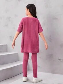 Tween 女孩寬鬆復古風格圓領落袖 T 恤和褲子套裝 - 紫色 - 查看 2