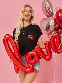 SHEIN LUNE Women's Lips Print Round Neck T-Shirt - Black - View 6