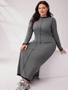 Mulvari Plus Size Colorblock Dress With Contrast Trim And Exposed Stitching - Dark Grey - View 4