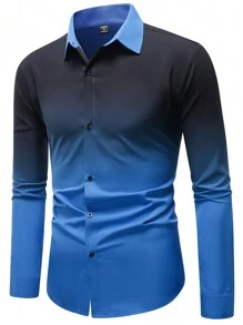 Manfinity Mode Áo sơ mi nam dài tay màu chuyển sắc, áo sơ mi không tay rộng thùng thình cài nút nhiều màu sắc thường ngày, quà tặng bạn trai, mùa thu - Xanh đậm - Xem 4