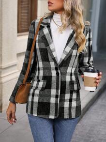 SHEIN LUNE Long Sleeve Plaid Pattern Suit Jacket - Black - View 3