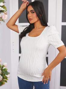 SHEIN Maternity Textured Puff Sleeve T-Shirt - White - View 5