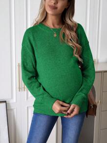 SHEIN Maternity Drop Shoulder Long Sleeve Sweater, For Winter - Green - View 6