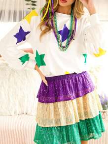 Áo cánh tay dài cổ tròn in hình ngôi sao Mardi Gras phong cách Boho dành cho nữ - trắng - Xem 4