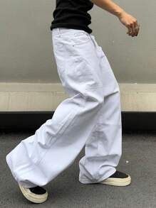 Manfinity EMRG Men's Casual Jeans With Pockets Oversize Long Washed Light Jean Cargo Plain All White Party Street Wear Rapper White Baggy Pantsmen Wide Leg Pants Going Out Hang Out Commute Work - White - View 1