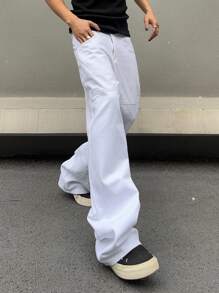 Manfinity EMRG Men's Casual Jeans With Pockets Oversize Long Washed Light Jean Cargo Plain All White Party Street Wear Rapper White Baggy Pantsmen Wide Leg Pants Going Out Hang Out Commute Work - White - View 6