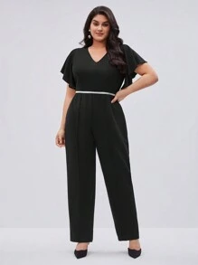 BizChic Women's Plus Size V-neck Ruffle Sleeve Straight Wide Leg Jumpsuit - Black - View 4