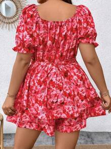 Celure 大码夏季甜心领泡泡袖花卉印花连体衣 - 紅色 - 查看 2