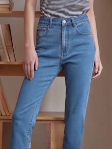 Simple Retro Kira高腰藍色直筒牛仔褲 - 淺色水洗藍 - 查看 5