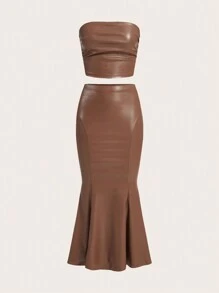 SHEIN Privé Women's Strapless Ruched And High Waist Split Hem Bodycon Skirt 2pcs/Set - Brown - View 8