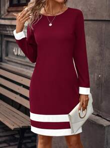 SHEIN Clasi Ladies' Color Block Striped Casual Dress - Burgundy - View 5