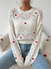 SHEIN LUNE Ladies' Heart Embroidery Hollow Out Knitted Sweater - White - View 1
