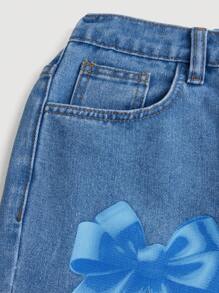SHEIN Jeans Rectos De Tiro Medio Regulares Con Estampado De Moño Para Adolescentes