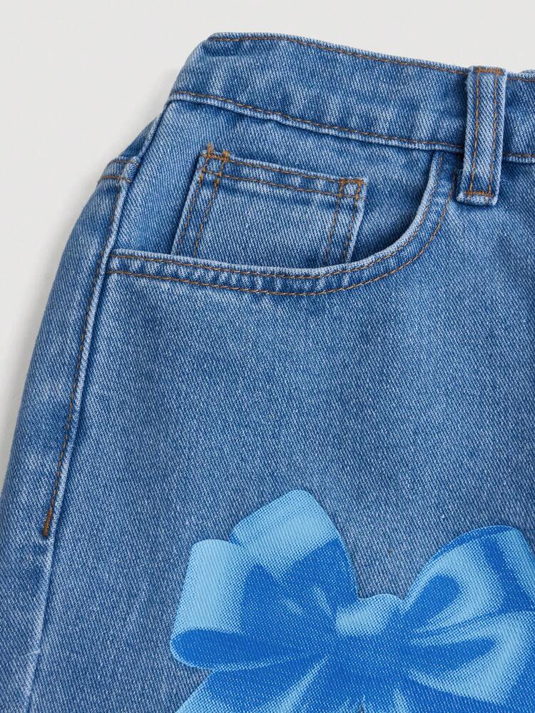 Bow Print Regular Mid-Rise Straight Leg Jeans For Teenage Girls