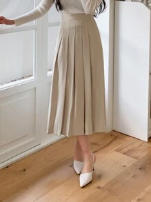 DAZY 高腰百褶裙 - 卡其色 - 查看 3