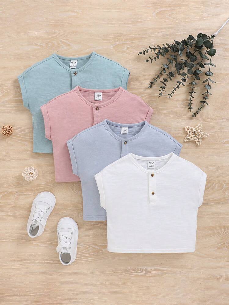 Baby Boys' Soft Knit Solid Color Short Sleeve T-Shirt Set With Round Neckline, 4pcs
