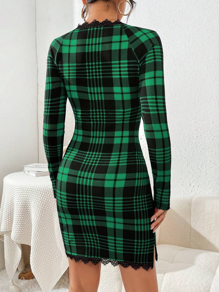 Women'S Sweetheart Neckline Patchwork Lace Gingham Dress