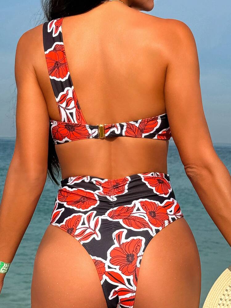 Women's One Shoulder Bikini Set With Plant Print Carnival Summer Beach