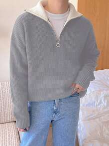 Manfinity Hypemode Men's Zipper Half-Placket Drop-Shoulder Long Sleeve Sweater - Light Grey - View 4