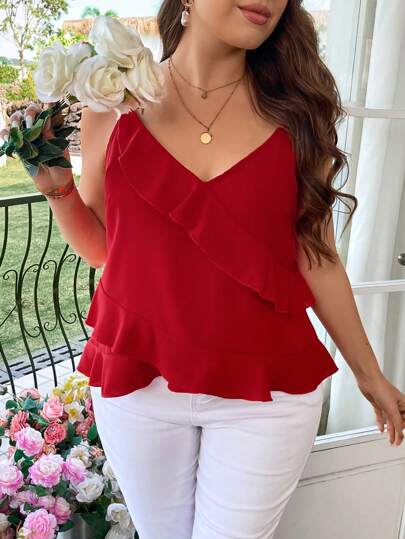 Reflora Camiseta Sin Mangas Con Tirantes Finos Decorada Con Ribete De Volantes De Talla Grande
