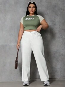 SHEIN ICON 大码女式直筒男友风牛仔裤 - 白色 - 查看 5