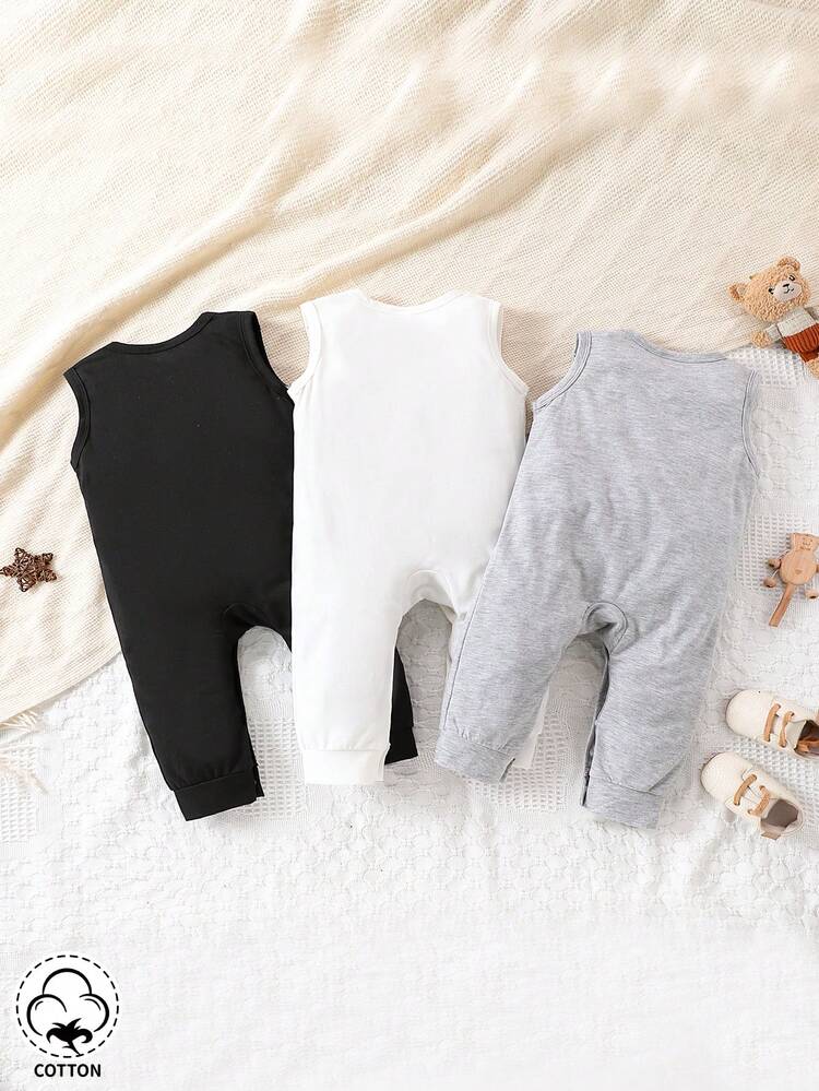 3pcs/Set Baby Boys' Casual Cute Letter & Egg Print Jumpsuits For Daily Wear And Home, With Fun