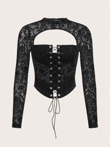 SHEIN ICON 復古天鵝絨花卉拼接2合1交叉領帶女士上衣 - 黑色 - 查看 1