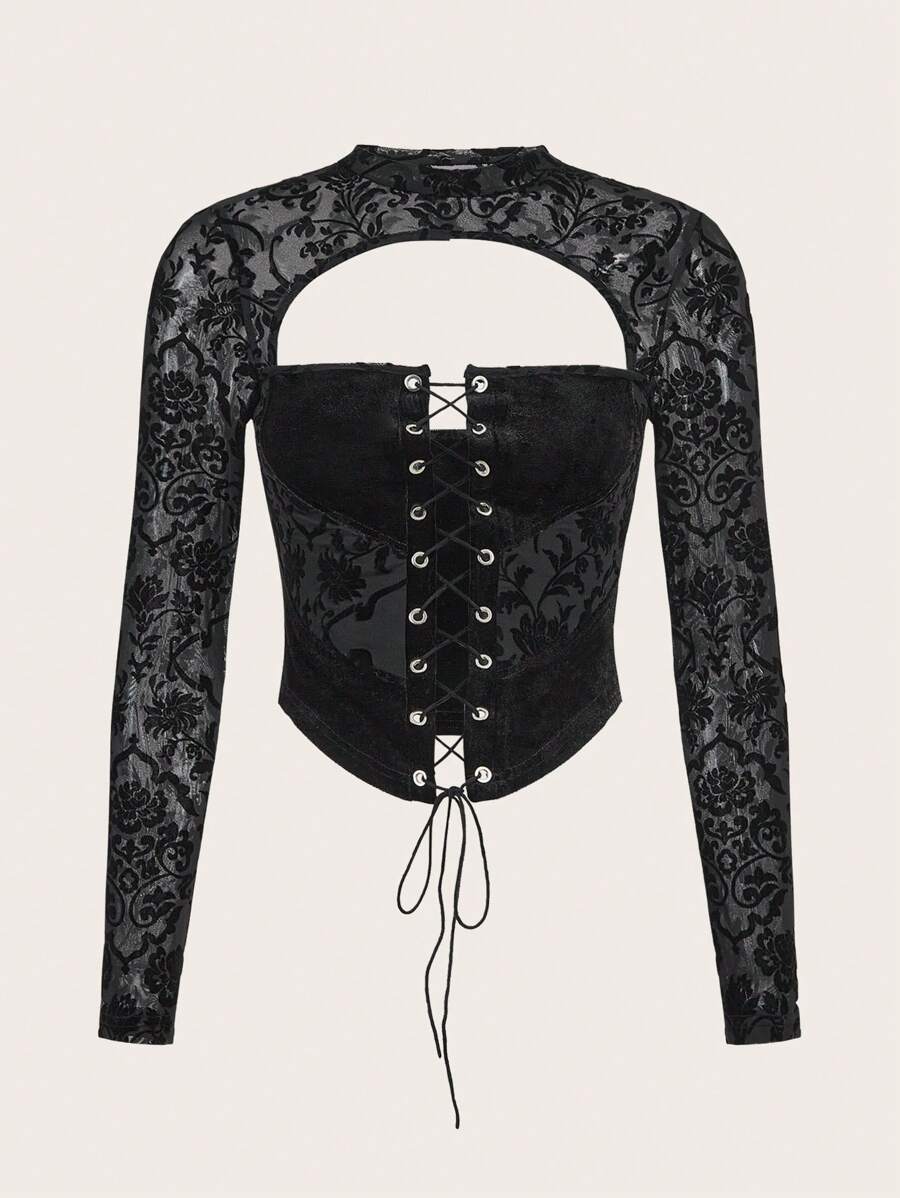 SHEIN ICON 復古天鵝絨花卉拼接2合1交叉領帶女士上衣 - 黑色 - 查看 1