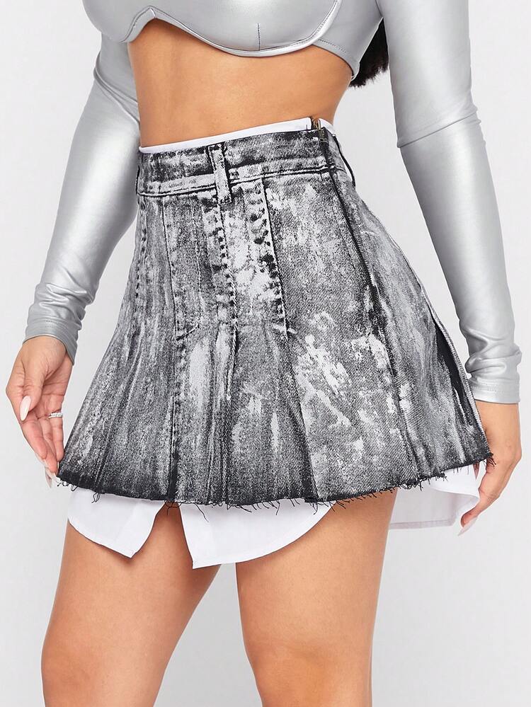 Pleated Denim Poplin Underlay Skirt