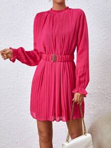 SHEIN Tall Women's Stand Collar Frill Trim Pleated Dress, Tall Women - Hot Pink - View 1