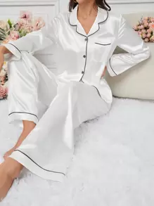 Contrast Trim Pajama White Set, Fall Winter Clothes - White - View 5