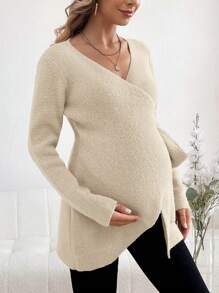 SHEIN Pull tricoté à manches longues, conception d'emmaillotage maternité avec nœud latéral, pour l'hiver
