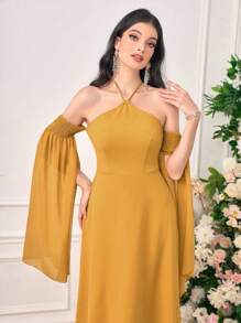 Modelyn 女裝露肩開叉長袖連衣裙 - 芥末黃 - 查看 3